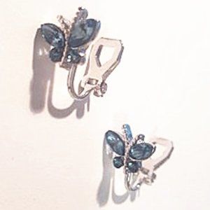 Turquoise Blue Rhinestone Butterfly Ear Clips